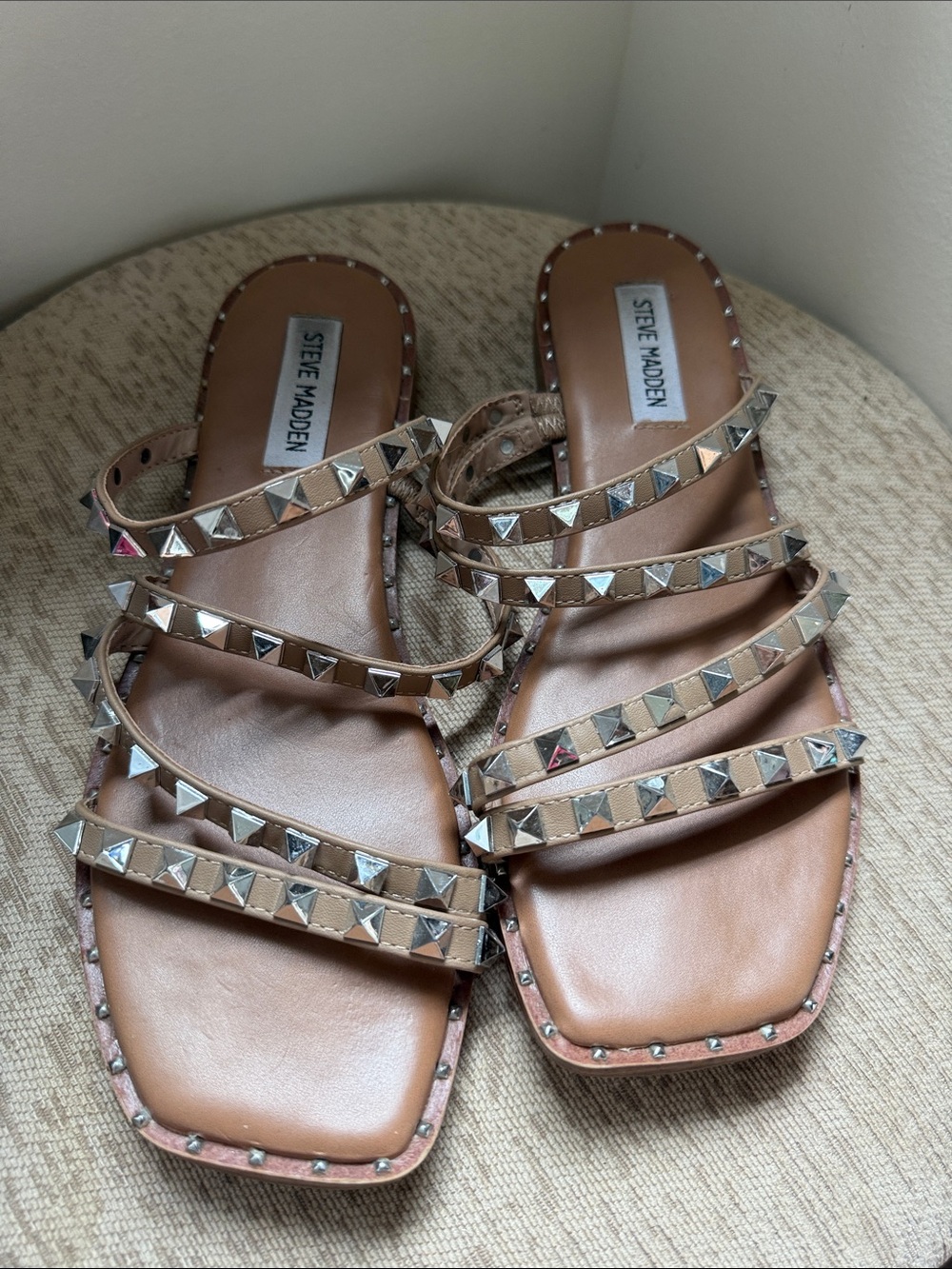 Steve Madden Tan Pyramid Stud Multi-Strap Slide Sandals